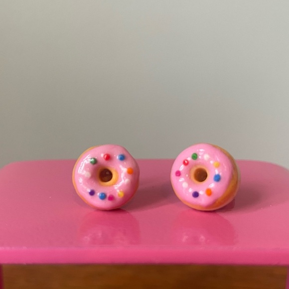 Pink Sprinkle Donut Stud Earrings Handmade ChellePastel Dopamine Jewelry EUC - Picture 2 of 12
